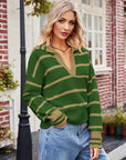 Striped Dropped Shoulder Notched Neck Knit Top