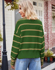 Striped Dropped Shoulder Notched Neck Knit Top