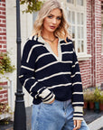 Striped Dropped Shoulder Notched Neck Knit Top