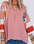 Striped Floral Patchwork Round Neck Top