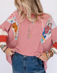 Striped Floral Patchwork Round Neck Top