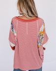 Striped Floral Patchwork Round Neck Top