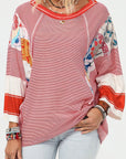 Striped Floral Patchwork Round Neck Top