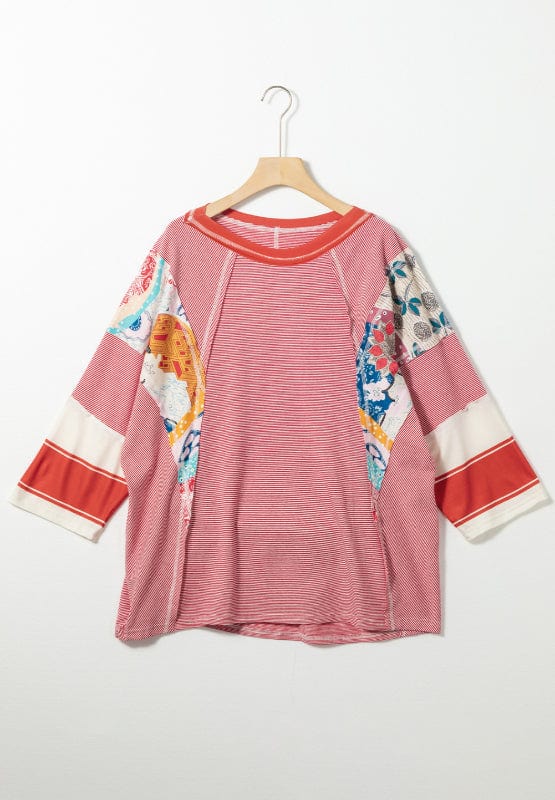 Striped Floral Patchwork Round Neck Top