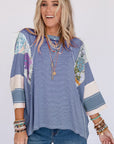 Striped Floral Patchwork Round Neck Top