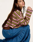 Striped Notched Long Sleeve T-Shirt