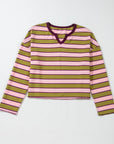 Striped Notched Long Sleeve T-Shirt