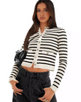 Striped Round Neck Button Up Long Sleeve Cardigan