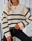 Striped Round Neck Dropped Shoulder Sweater