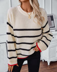 Striped Round Neck Dropped Shoulder Sweater