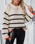 Striped Round Neck Dropped Shoulder Sweater