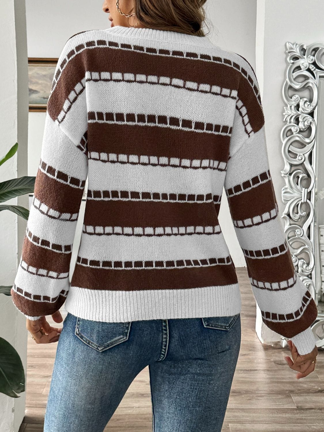 Gray Striped Round Neck Long Sleeve Sweater