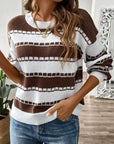 Gray Striped Round Neck Long Sleeve Sweater