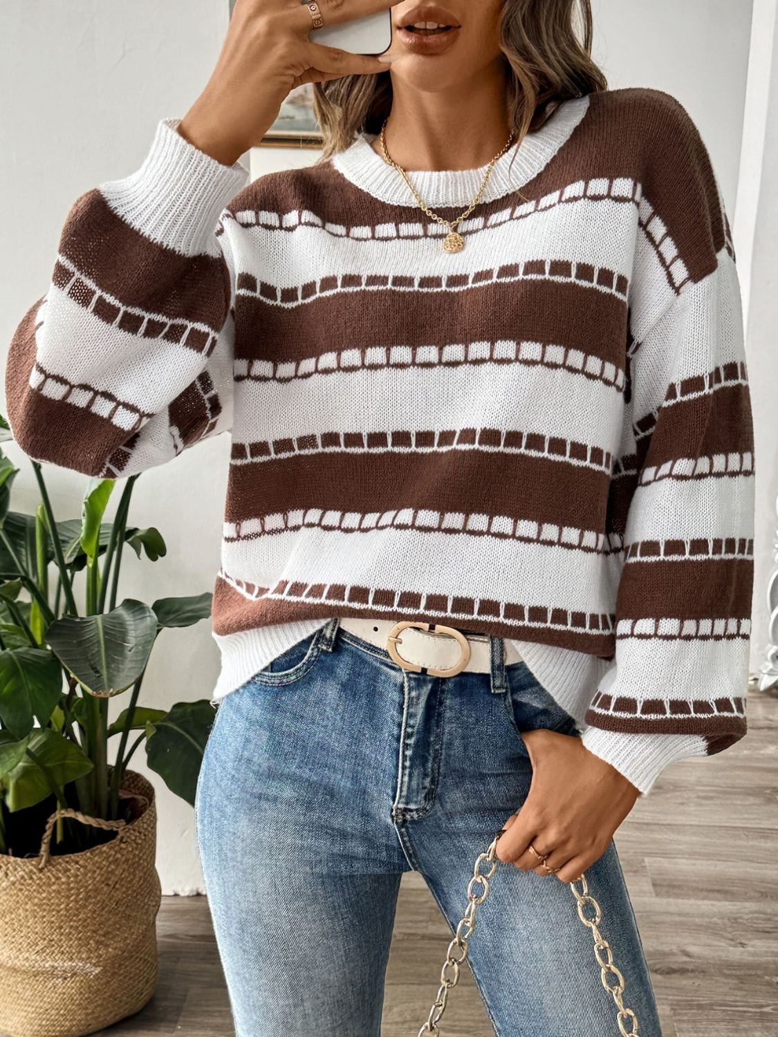 Gray Striped Round Neck Long Sleeve Sweater