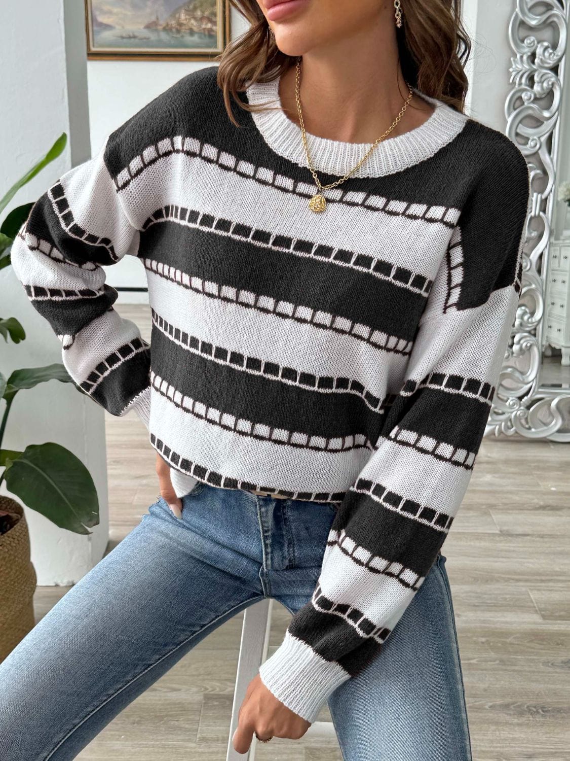 Gray Striped Round Neck Long Sleeve Sweater