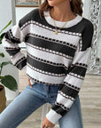 Gray Striped Round Neck Long Sleeve Sweater