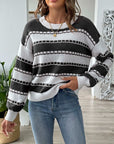 Gray Striped Round Neck Long Sleeve Sweater