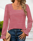 Striped Square Neck Flounce Sleeve Top