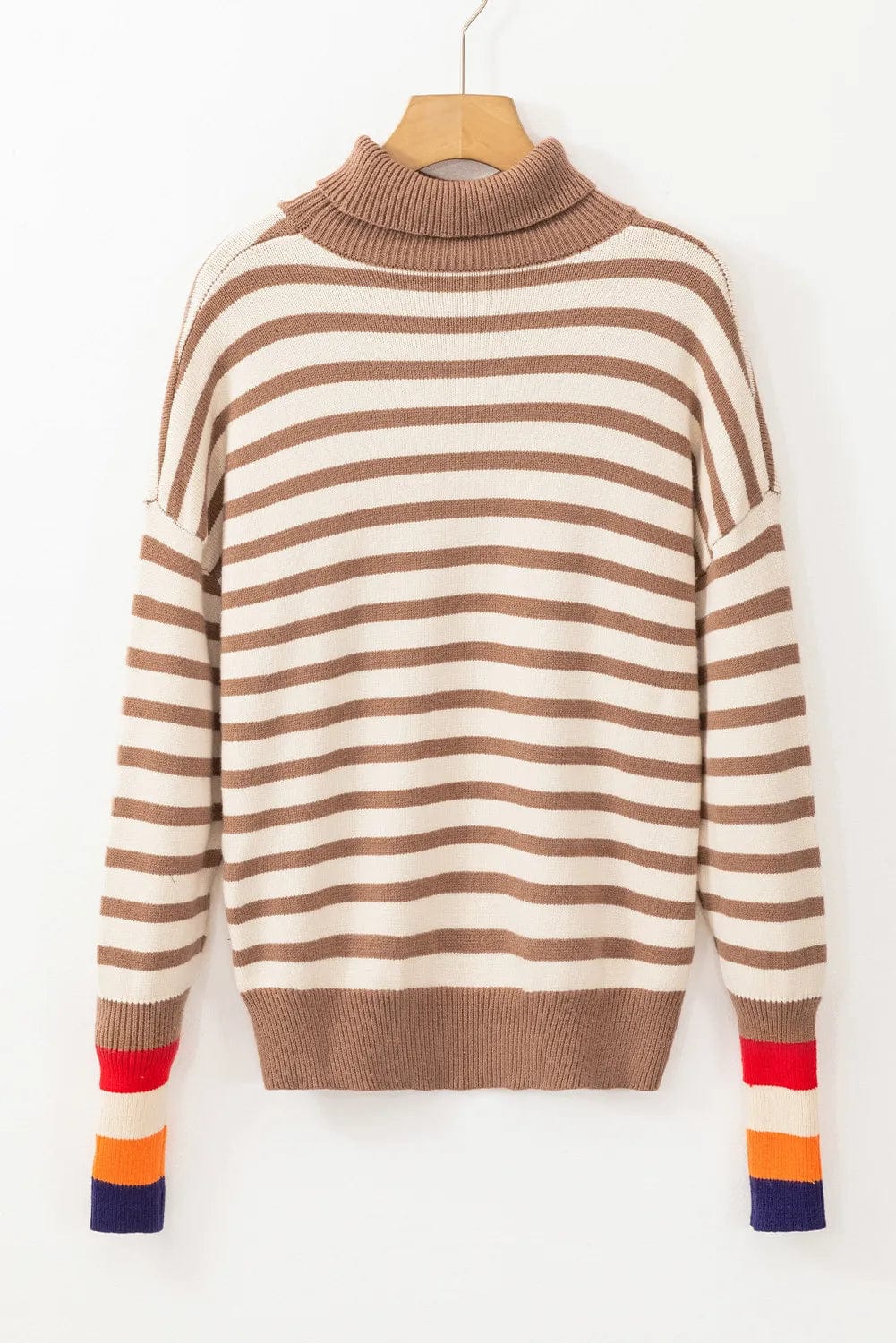 Beige Striped Turtleneck Long Sleeve Sweater