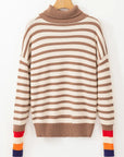 Beige Striped Turtleneck Long Sleeve Sweater