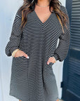 Striped V-Neck Long Sleeve Mini Dress