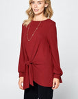 Super Lady Full Size Round Neck Knot Front Hacci Blouse