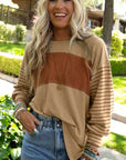 Round Neck Striped Long Sleeve Slit T-Shirt