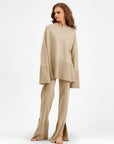 Basic Bae Slit Round Neck Long Sleeve Top and Drawstring Pants Sweater Set