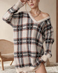 Distressed Plaid V-Neck Long Sleeve Sweater Dress