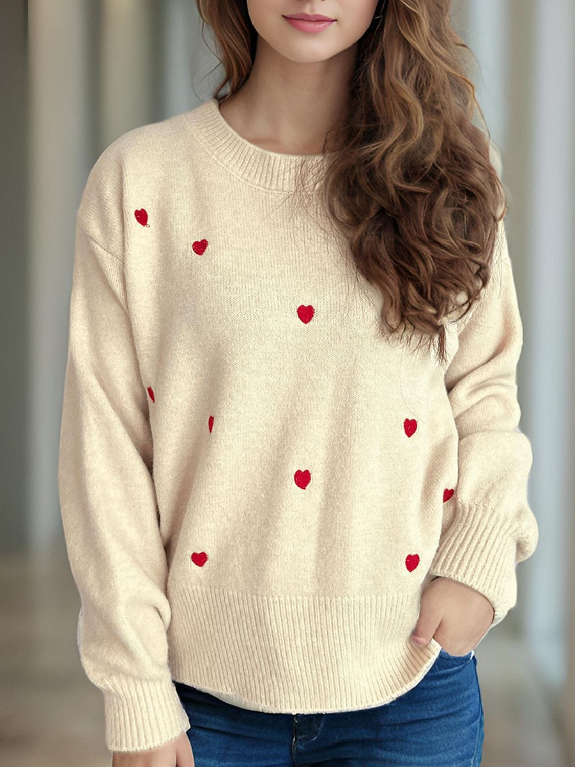 Heart Round Neck Long Sleeve Sweater