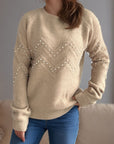 Pearl Trim Round Neck Raglan Sleeve Sweater