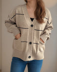 Striped Button Down V-Neck Long Sleeve Cardigan