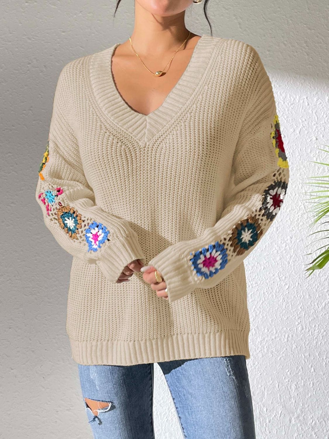 Gray Crochet Flower V-Neck Sweater