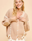 Davi & Dani Lace-Up Ribbon Bow Button Down Cardigan