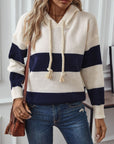 Drawstring Contrast Stripe Dropped Shoulder Hooded Sweater