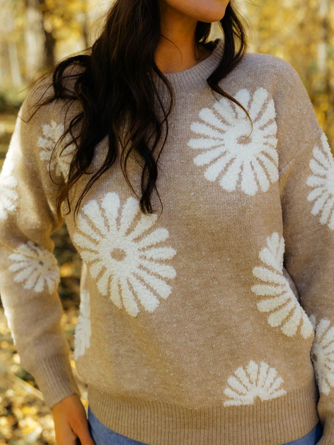 Dim Gray Flower Round Neck Long Sleeve Sweater