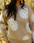 Dim Gray Flower Round Neck Long Sleeve Sweater