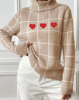 Heart Plaid Turtleneck Long Sleeve Sweater