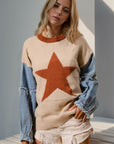 Double Take Full Size Star Pattern Raw Edge Long Sleeve Sweater