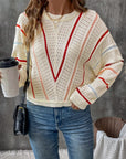 Perfee Eyelet Round Neck Long Sleeve Sweater