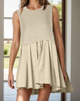 Gray Pleated Round Neck Sleeveless Mini Dress