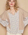 POL Waffle Knit Floral Notched Long Sleeve Top