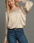 Umgee Wrinkled Round Neck Lantern Sleeve Blouse