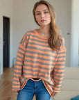 Distressed Striped Round Neck Long Sleeve Sweater