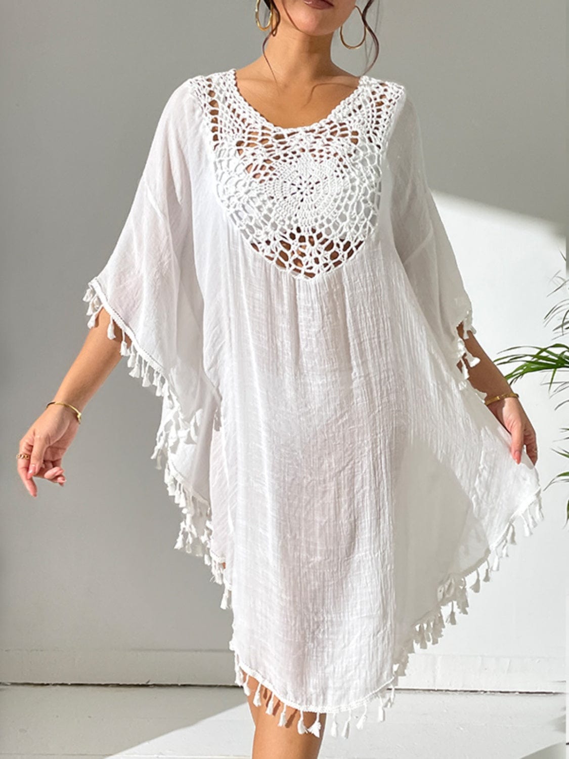 Gray Tassel Cutout Scoop Neck Cover-Up Dress