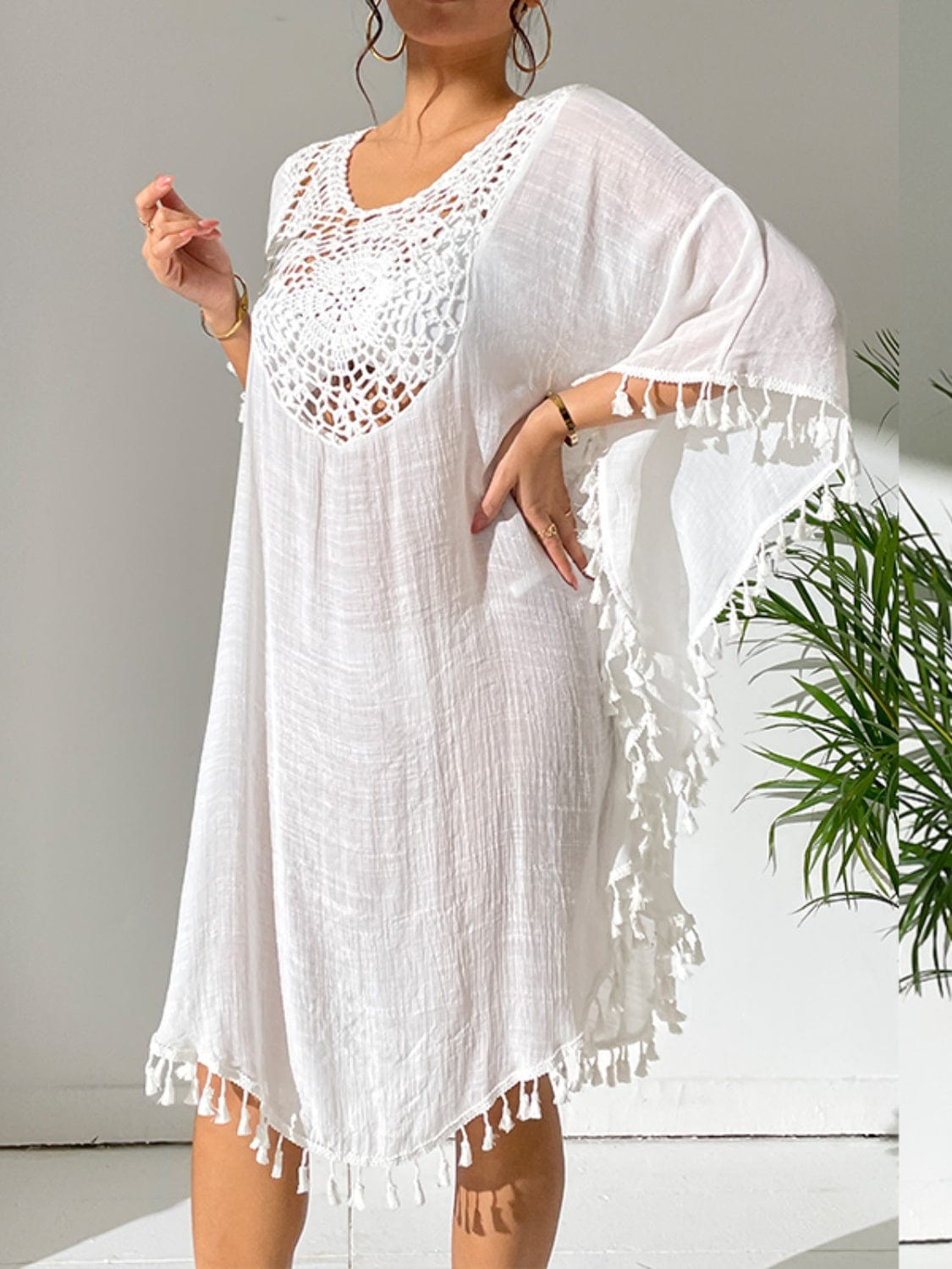 Gray Tassel Cutout Scoop Neck Cover-Up Dress