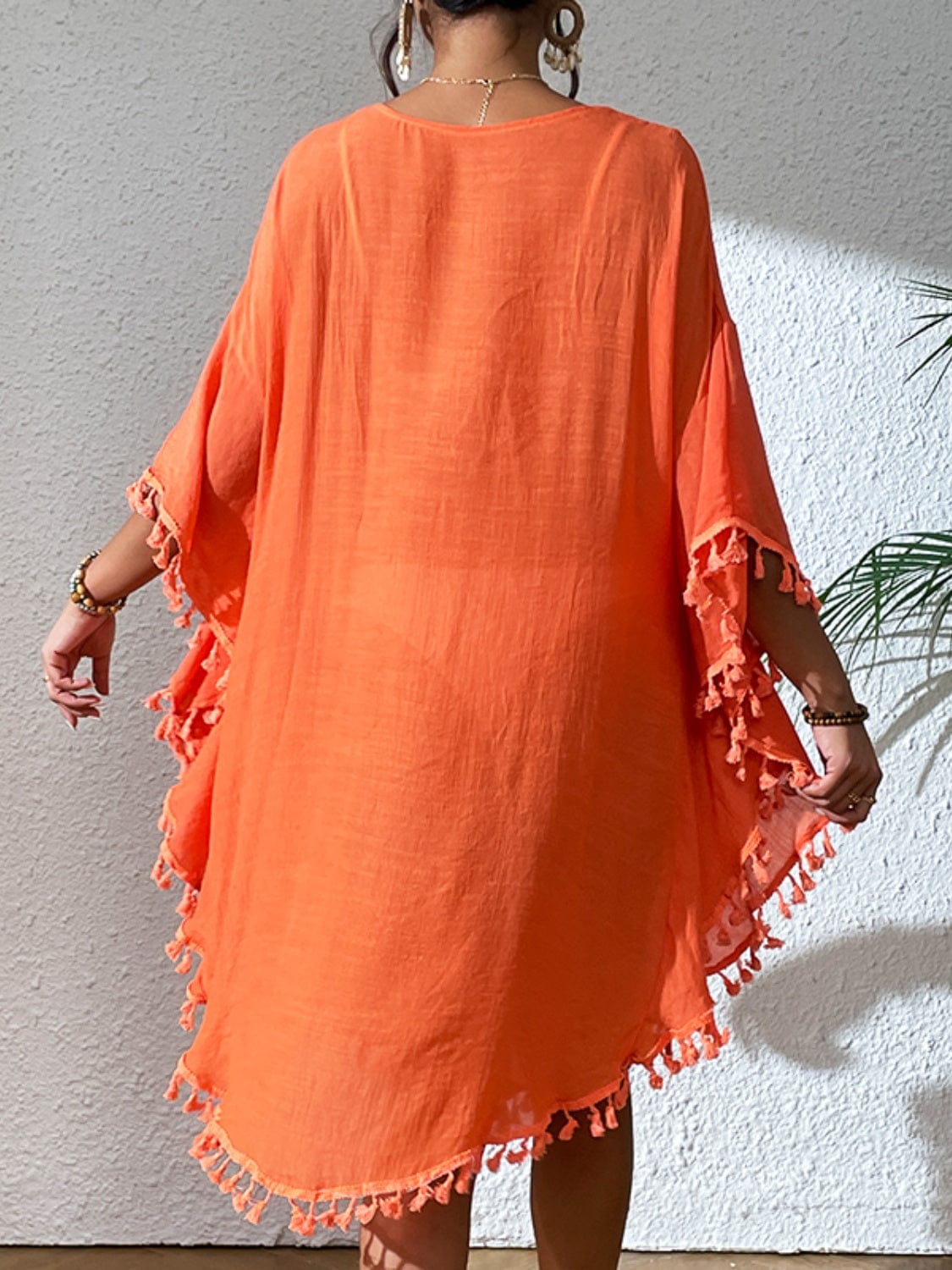 Tan Tassel Cutout Scoop Neck Cover-Up Dress