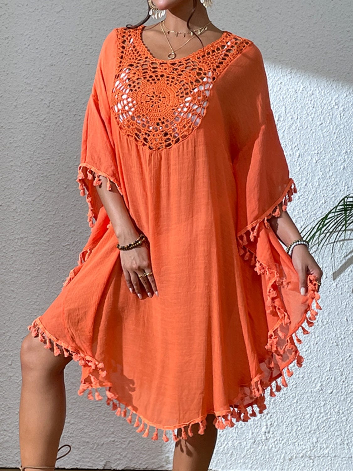 Rosy Brown Tassel Cutout Scoop Neck Cover-Up Dress