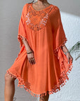 Rosy Brown Tassel Cutout Scoop Neck Cover-Up Dress