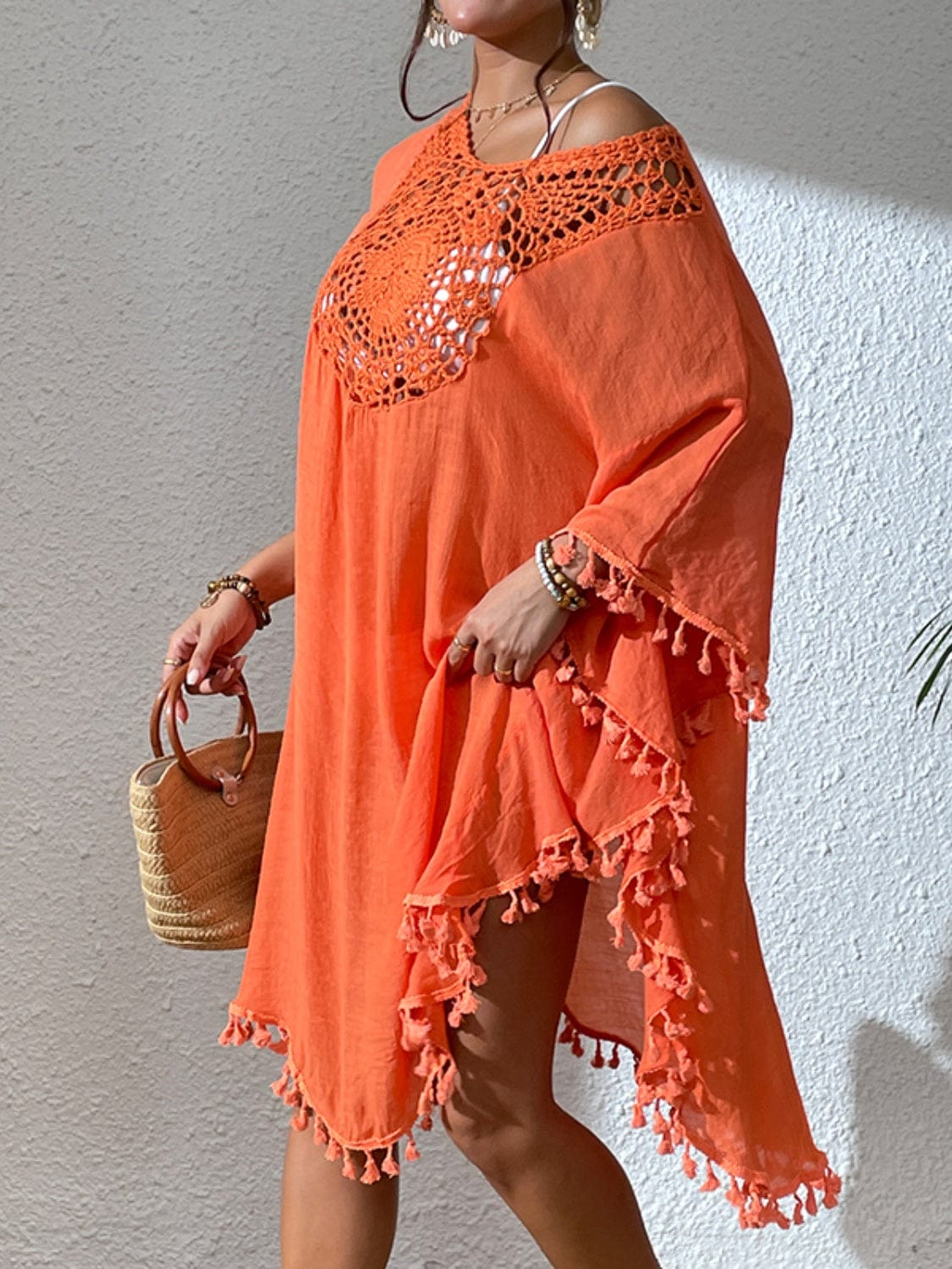 Rosy Brown Tassel Cutout Scoop Neck Cover-Up Dress